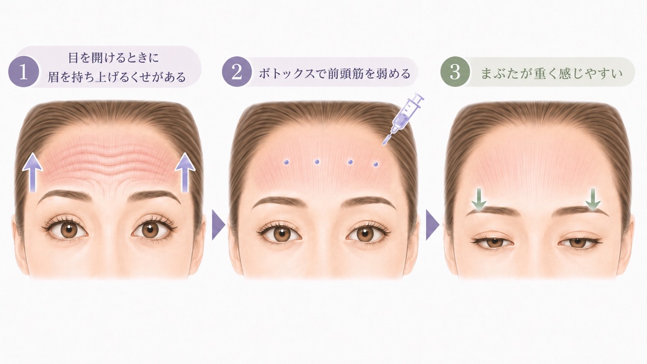 目を開けるときに眉を持ち上げるくせがある場合、額の前頭筋に力が入り、しわが寄る様子を3段階で示したイラスト。ボトックスで前頭筋の動きが弱まることで、眉が上がりにくくなり、まぶたが重く感じやすくなる流れが描かれている。
