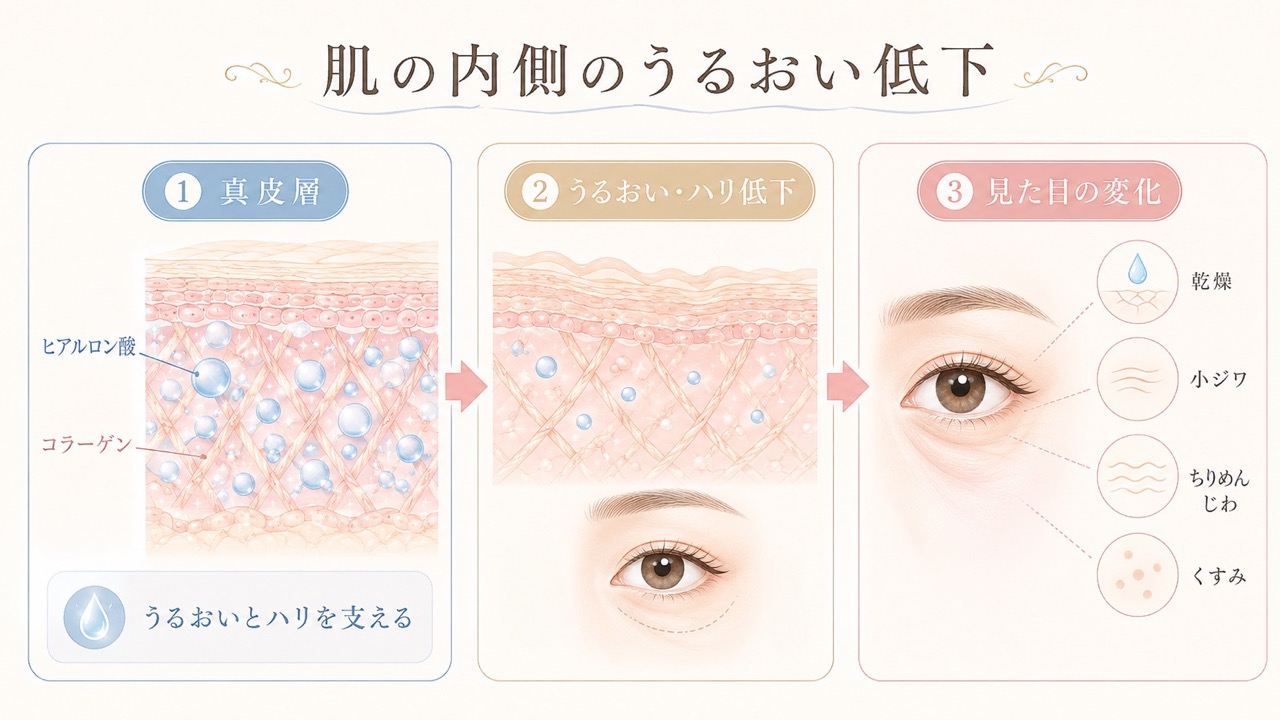 真皮層のヒアルロン酸とコラーゲンがうるおいとハリを支える様子や、うるおい・ハリの低下によって目元に乾燥、小ジワ、ちりめんじわ、くすみが現れやすくなる流れが3つのパネルで示されている。