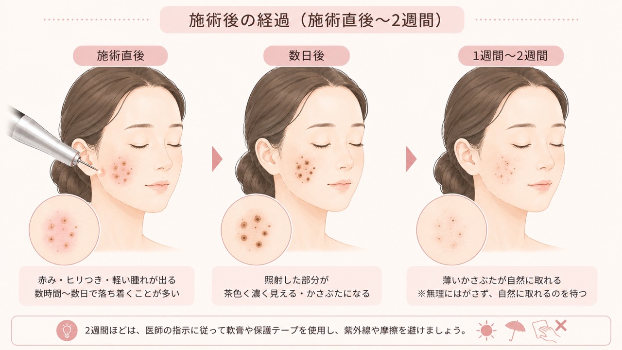 ヤグレーザー後の施術直後から1〜2週間までの肌の経過を3段階で示し、頬のシミ部分に軽い赤みやかさぶたが生じ、少しずつ落ち着いていく様子を描いたイラスト。