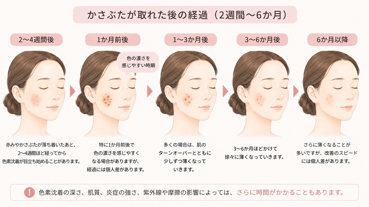 かさぶたが取れた後、2〜4週間後から6か月以降にかけて色素沈着が目立ち始め、1か月前後をピークに少しずつ薄くなっていく経過を5段階で示したイラスト。
