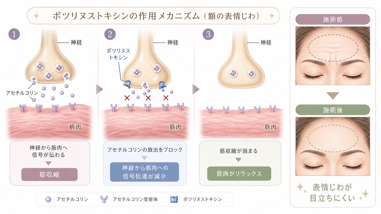 神経と筋肉の間で働くボツリヌストキシン製剤の仕組みを、3段階の図で示したイラスト。アセチルコリンの放出が抑えられることで筋肉への信号伝達が減り、筋収縮が弱まって筋肉がリラックスする流れが描かれている。右側には、額のしわがある施術前と、しわが目立ちにくくなった施術後の比較イラストも配置されている。
