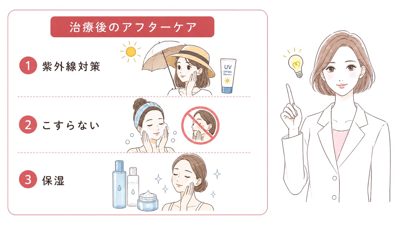 治療後のアフターケアを説明する医療イラストです。左側のパネルに「紫外線対策」「こすらない」「保湿」の3項目が並び、日傘や日焼け止め、やさしい洗顔、保湿クリームを使ったケアの様子が描かれている。