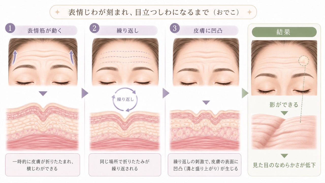 額の表情じわが目立つようになるまでの流れを、4つのステップで示したイラスト。表情筋が動いて一時的に皮膚が折りたたまれ、同じ動きが繰り返されることで皮膚に凹凸が生じ、最終的に影ができて見た目のなめらかさが低下する様子が、額のイラストと皮膚断面図で説明されている。