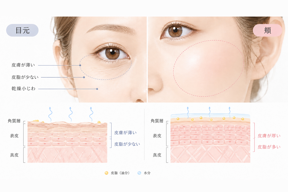 目元と頬の皮膚の違いを比較し、目元は皮膚が薄く皮脂が少ないため乾燥小じわが目立ちやすいことを示したイラスト。