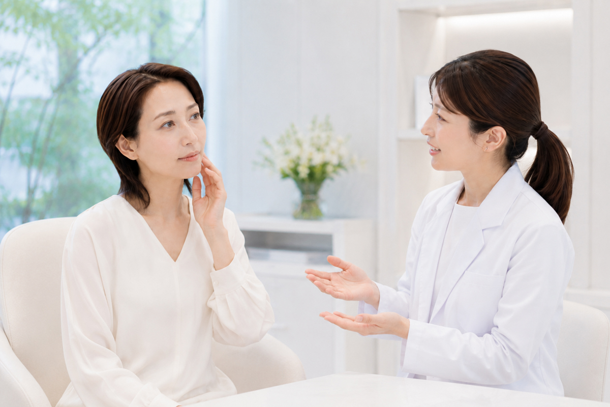 白を基調とした明るい美容クリニックの診察室で、白いブラウスを着た女性が頬に手を添えながら医師の説明を聞いている様子。