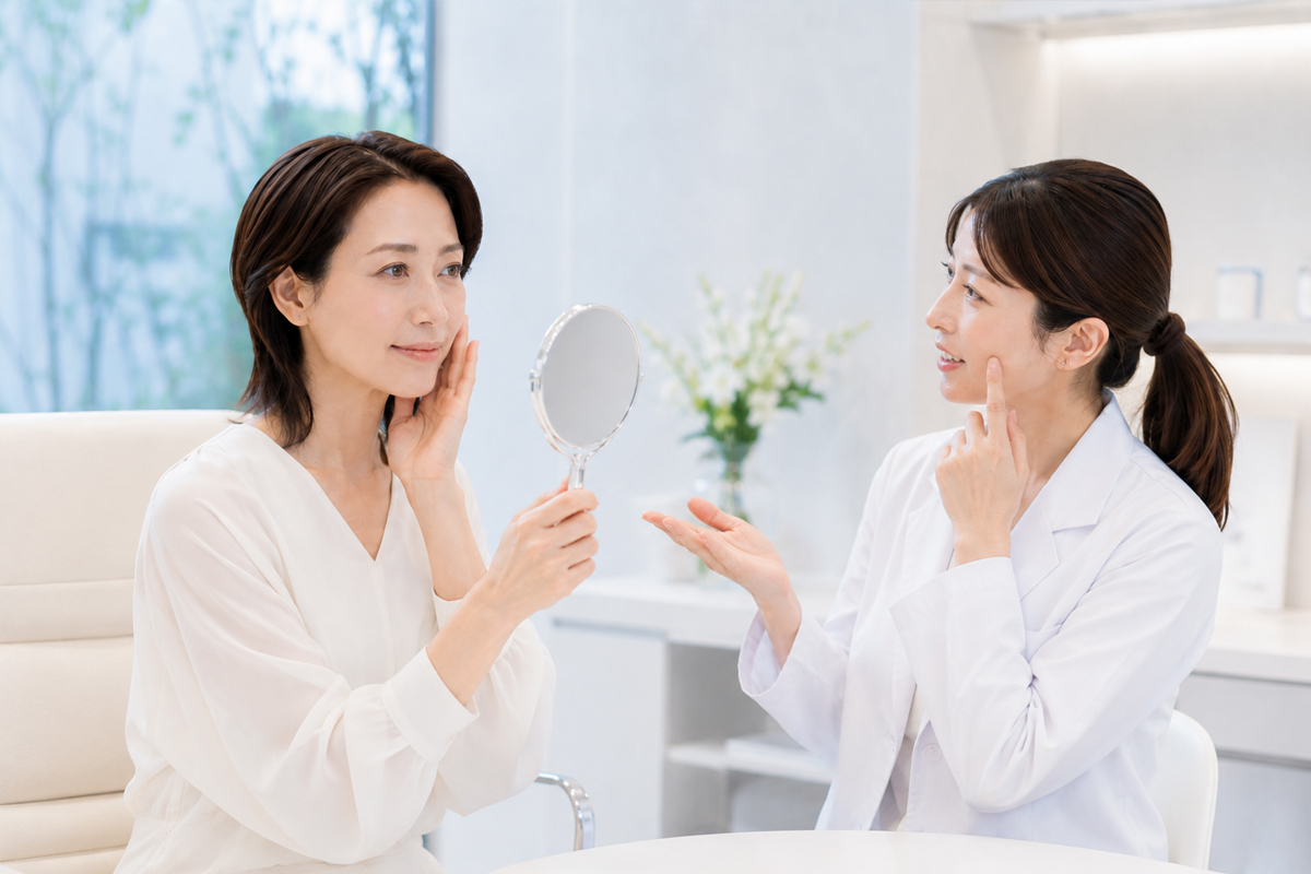 明るい美容クリニックの診察室で、白いブラウスを着た女性が手鏡を見ながら頬に触れ、白衣の女性医師から切らないたるみ治療で期待できる変化について説明を受けている様子。
