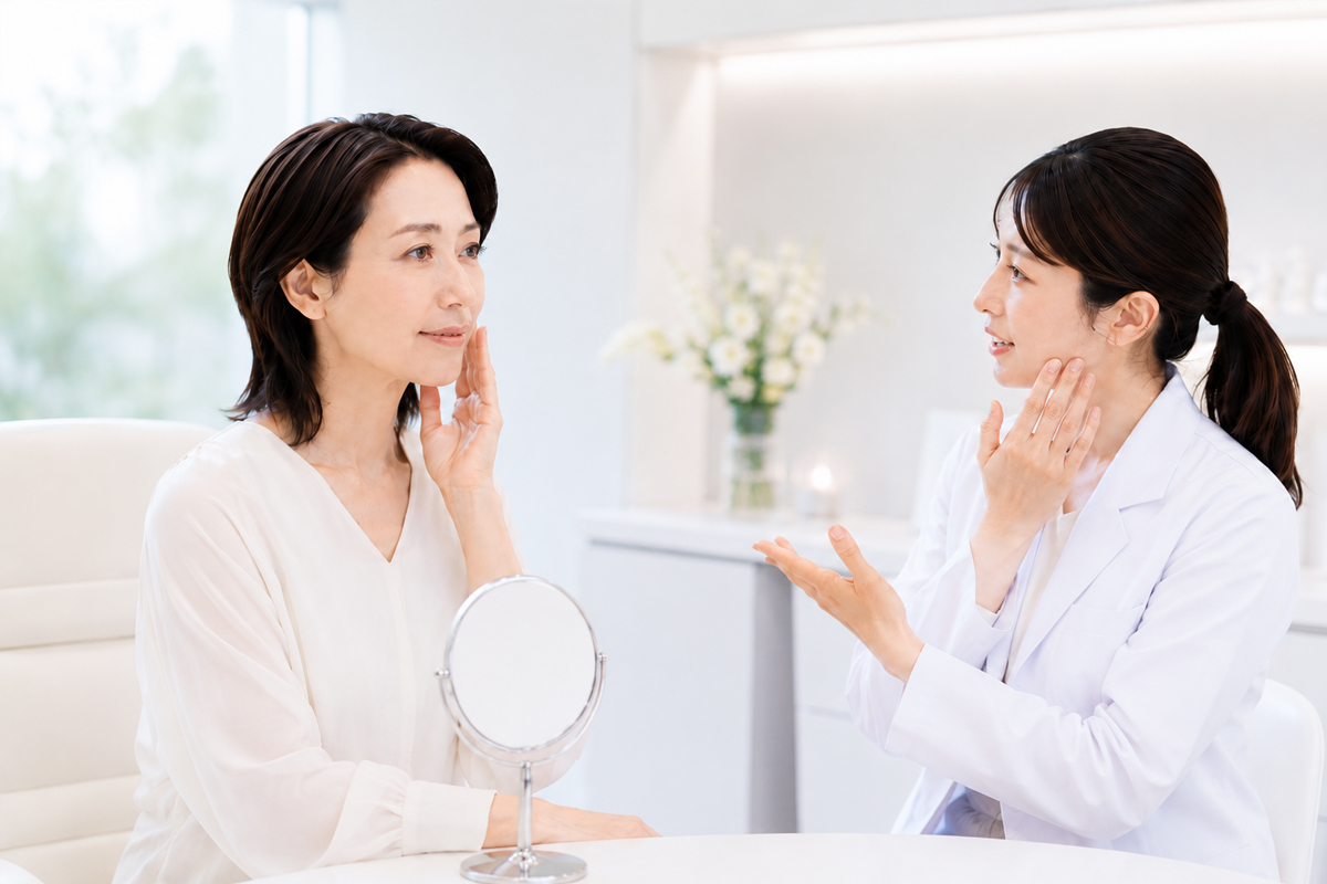 白を基調とした明るい美容クリニックで、白いブラウスを着た女性が頬に手を添え、白衣の女性医師から自然なたるみ改善に向けた施術内容や確認ポイントの説明を受けている様子。