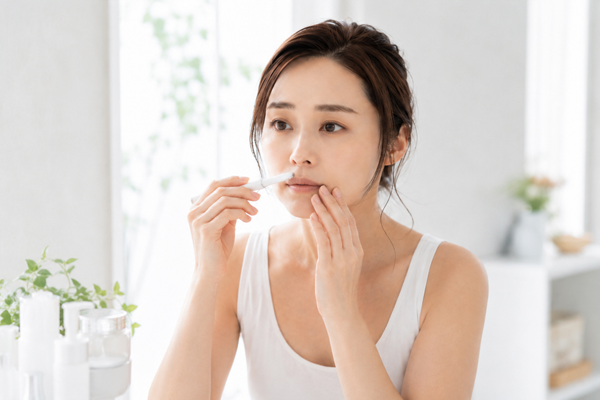 明るい洗面空間で、顔用シェーバーを使って上唇のひげを処理する女性