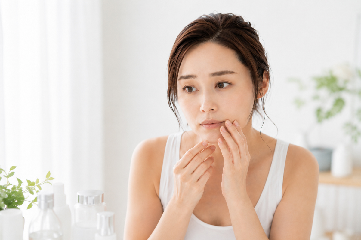 口元やあご周りに触れながら、ひげが目立つ原因を気にする女性の様子