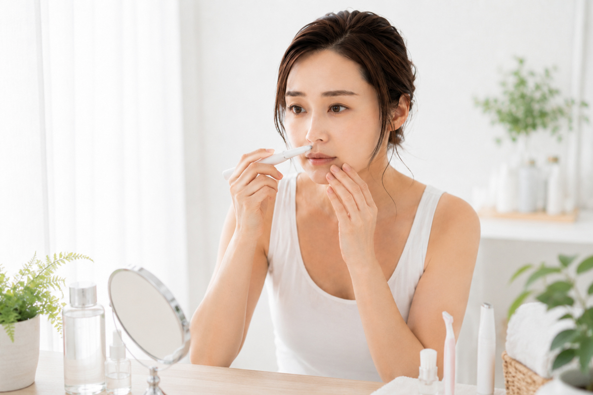 顔用シェーバーを使い、上唇のひげを自宅で処理する女性の様子