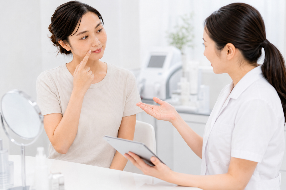 美容クリニックで、口元のひげや顔脱毛についてスタッフに相談する女性の様子