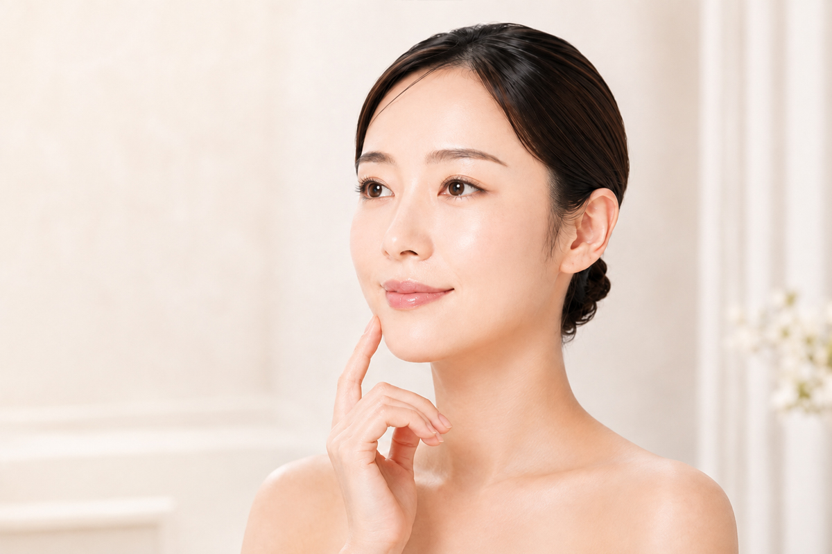 顔の表情筋をイメージした、頬に手を添える女性の美容医療イメージ