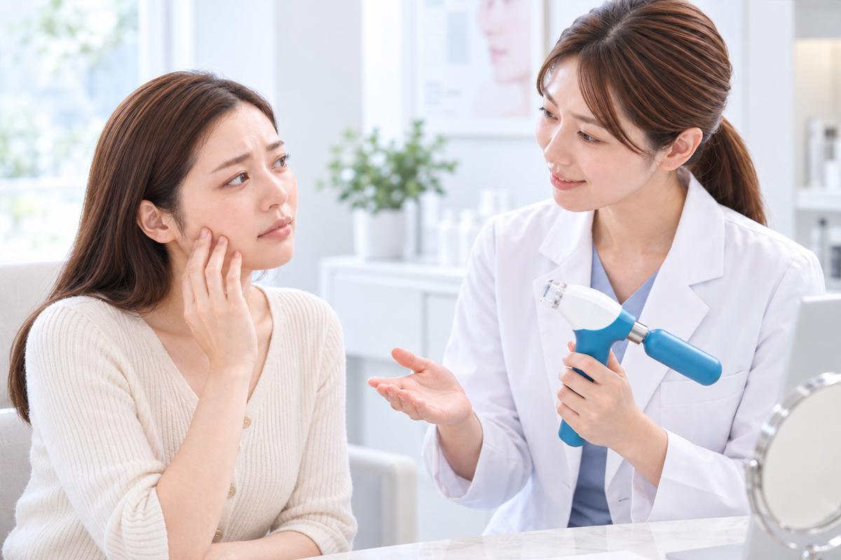 明るい診察室で、カジュアルな服を着た女性が頬に手を添えながら、白衣の女性医師とカウンセリングしている様子。