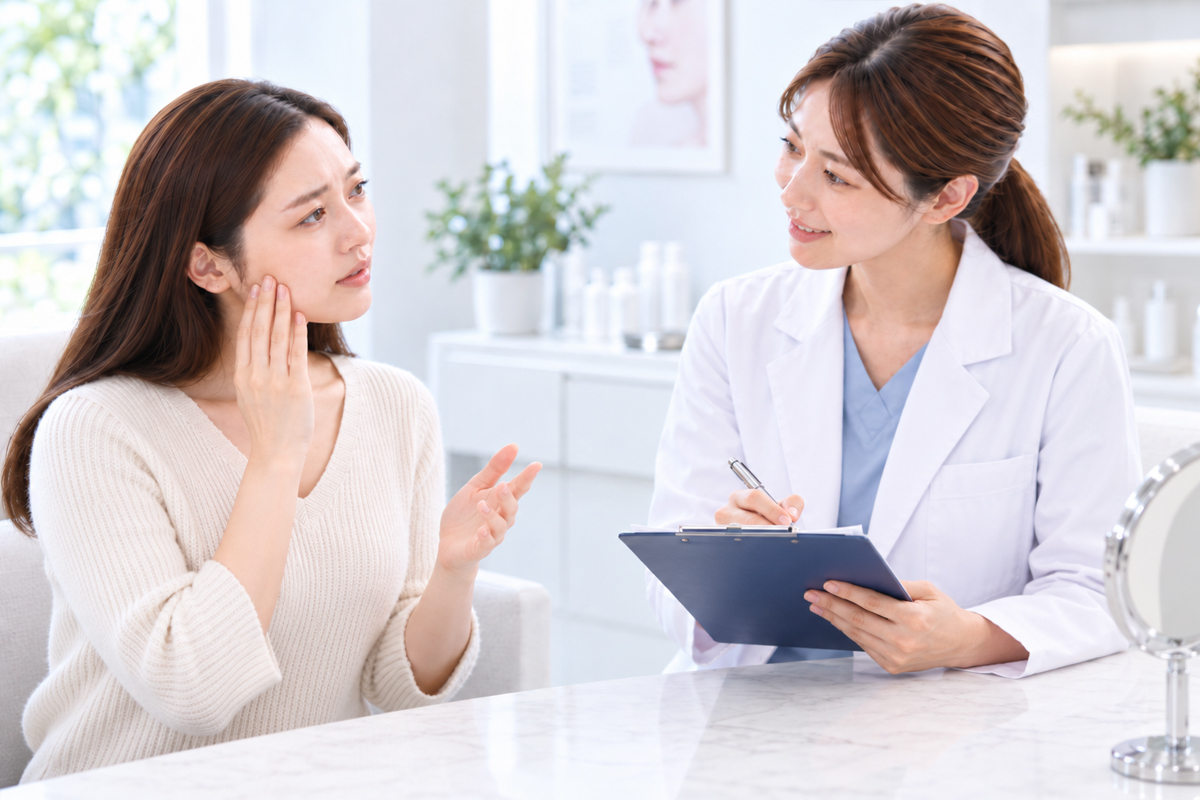 明るい診察室で、痛みに不安を感じる女性が頬に手を添えて医師へ相談し、白衣の女性医師がバインダーに内容を記録しながら話を聞いている様子。
